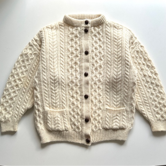 Vintage Sweaters - Vintage Aran Irish Fisherman Chunky Cable Knit Button-Up Cardigan